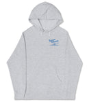 A gray hooded sweatshirt with a blue logo on the left side of the chest.