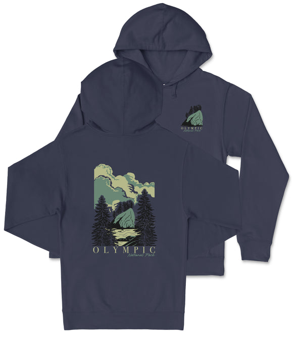 A navy blue hoodie with a graphic design depicting a mountain landscape and the text "Olympic National Park" printed on it.