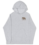 A gray hooded sweatshirt with a graphic of a bear on the front.