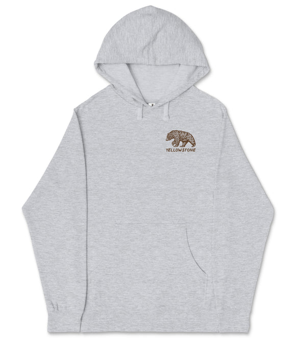 A gray hooded sweatshirt with a graphic of a bear on the front.