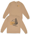 a tan sweatshirt with a graphic design on the back, depicting a tree and mountains, along with text that reads "SEQUIPAL NATIONAL PARK CALIFORNIA".