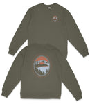 a pair of olive green sweatshirts with a graphic design on the back. The design features a circular emblem with a mountain landscape and a lake, surrounded by a border with orange and blue colors.
