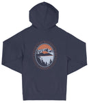 A navy blue hooded sweatshirt with a graphic design on the back depicting a mountain landscape with a lake and trees.