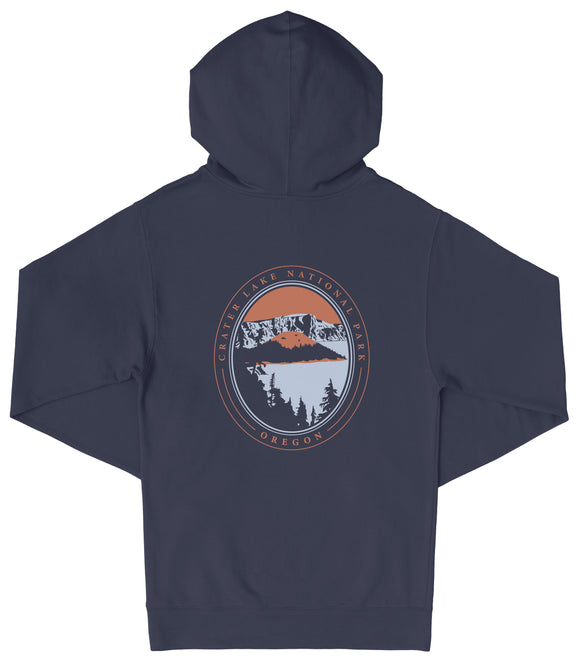A navy blue hooded sweatshirt with a graphic design on the back depicting a mountain landscape with a lake and trees.