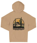 A beige hooded sweatshirt with a graphic design depicting a desert landscape with two cacti and the text "Saguaro National Park" printed on the back.