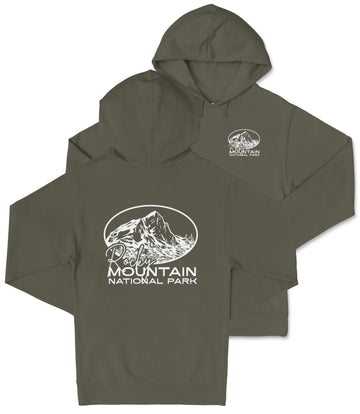 A grey hooded sweatshirt with a white graphic design and text printed on it.