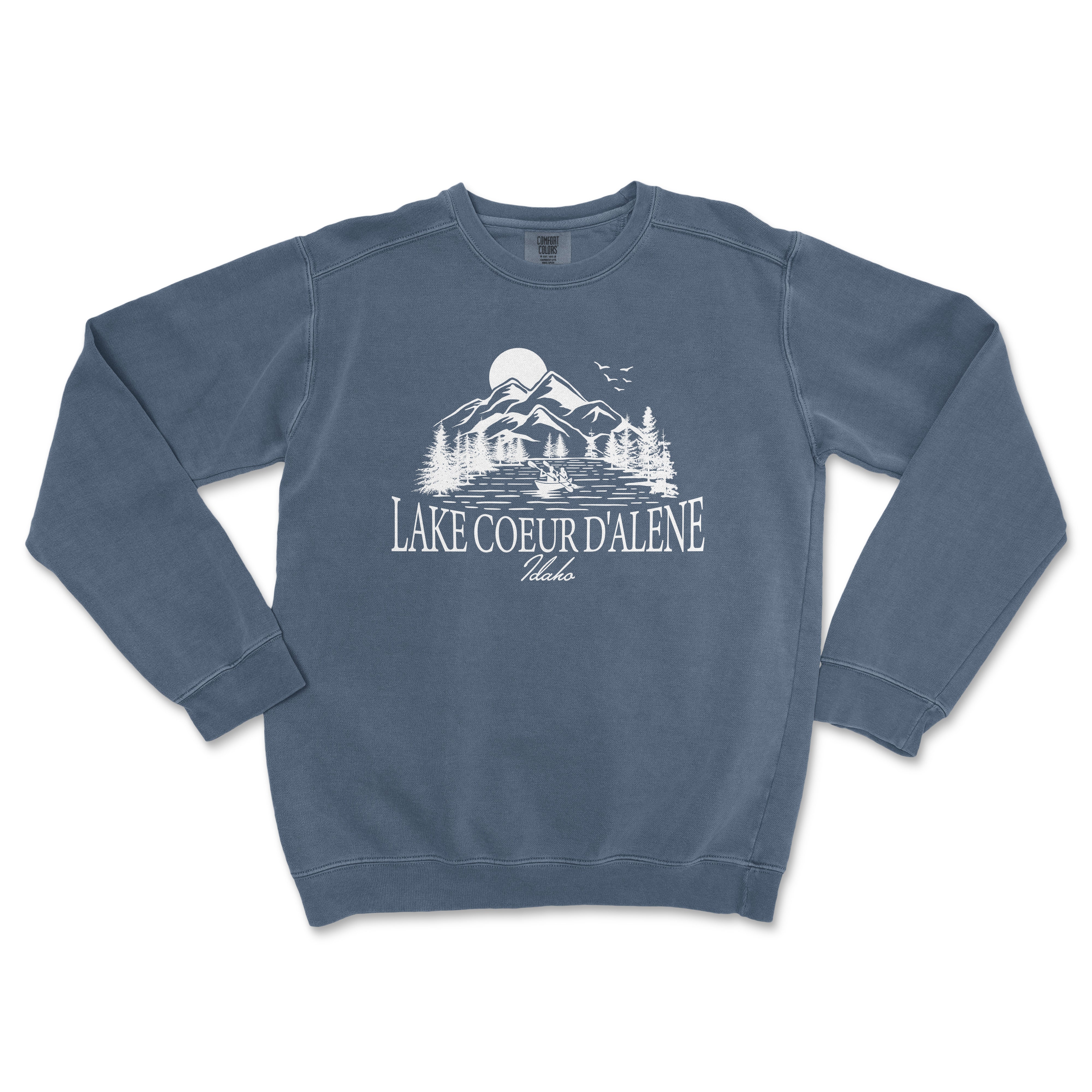 a blue sweatshirt with the lake coeurdaine logo on it