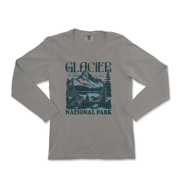 a gray shirt with a mountain scene on it