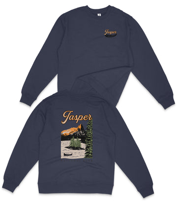 a navy blue long-sleeved shirt with a graphic design on the back, depicting a scenic landscape with a mountain, a river, and a boat.