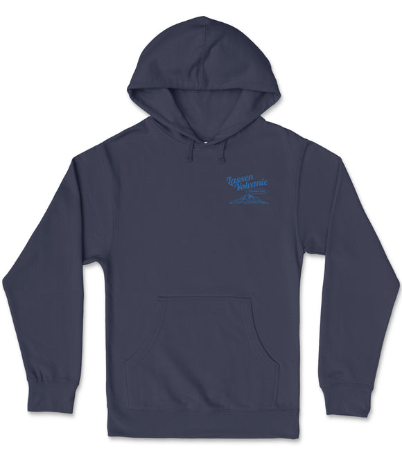 A navy blue hooded sweatshirt with a blue logo on the left side.