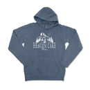 a blue hooded sweatshirt with the words hegen lake printed on it