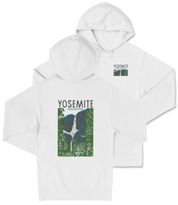 A white hooded sweatshirt with a graphic design and text printed on the back.
