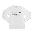 a white shirt with a palm tree and the word aruba on it