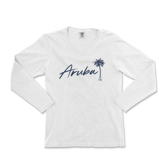 a white shirt with a palm tree and the word aruba on it
