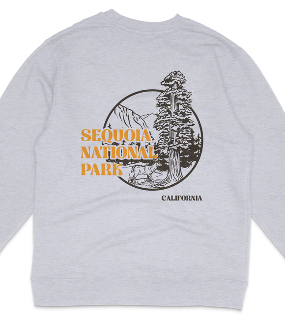 A gray sweatshirt with a graphic design featuring a tree and mountains, along with the text "SEQUOIA NATIONAL PARK" and "CALIFORNIA" printed on it.