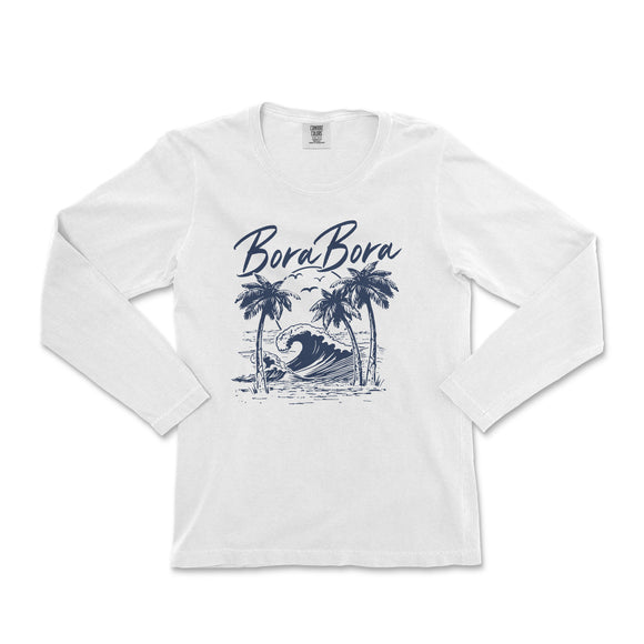 a white long - sleeved shirt with a palm tree and a surfboard on