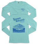 A light blue long-sleeved t-shirt with a graphic design depicting a mountain landscape and a lake.