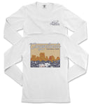 A white long-sleeved t-shirt with a graphic design depicting the iconic rock formations of the Canyons National Park.