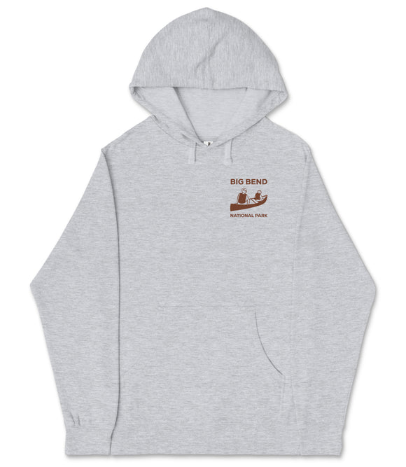 A gray hooded sweatshirt with a graphic design on the left side depicting a boat and the text "BIG BEND NATIONAL PARK" printed on it.