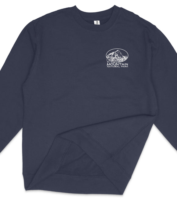 A navy blue long-sleeved shirt with a white logo on the left side of the chest.