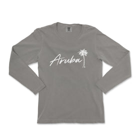 a women's long sleeve shirt with the word arubaa written in white