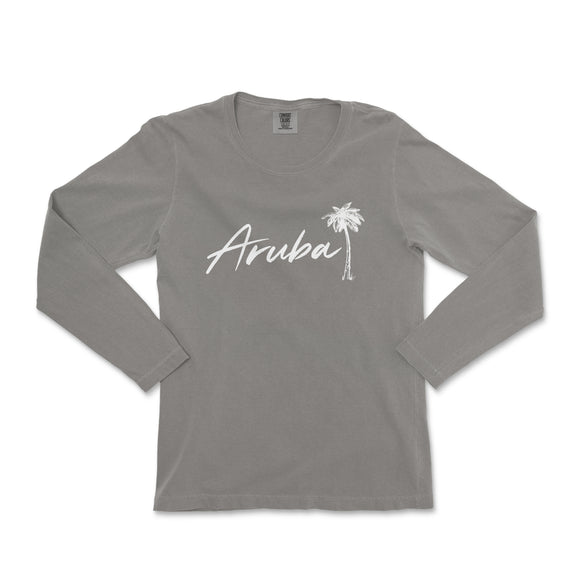 a women's long sleeve shirt with the word arubaa written in white