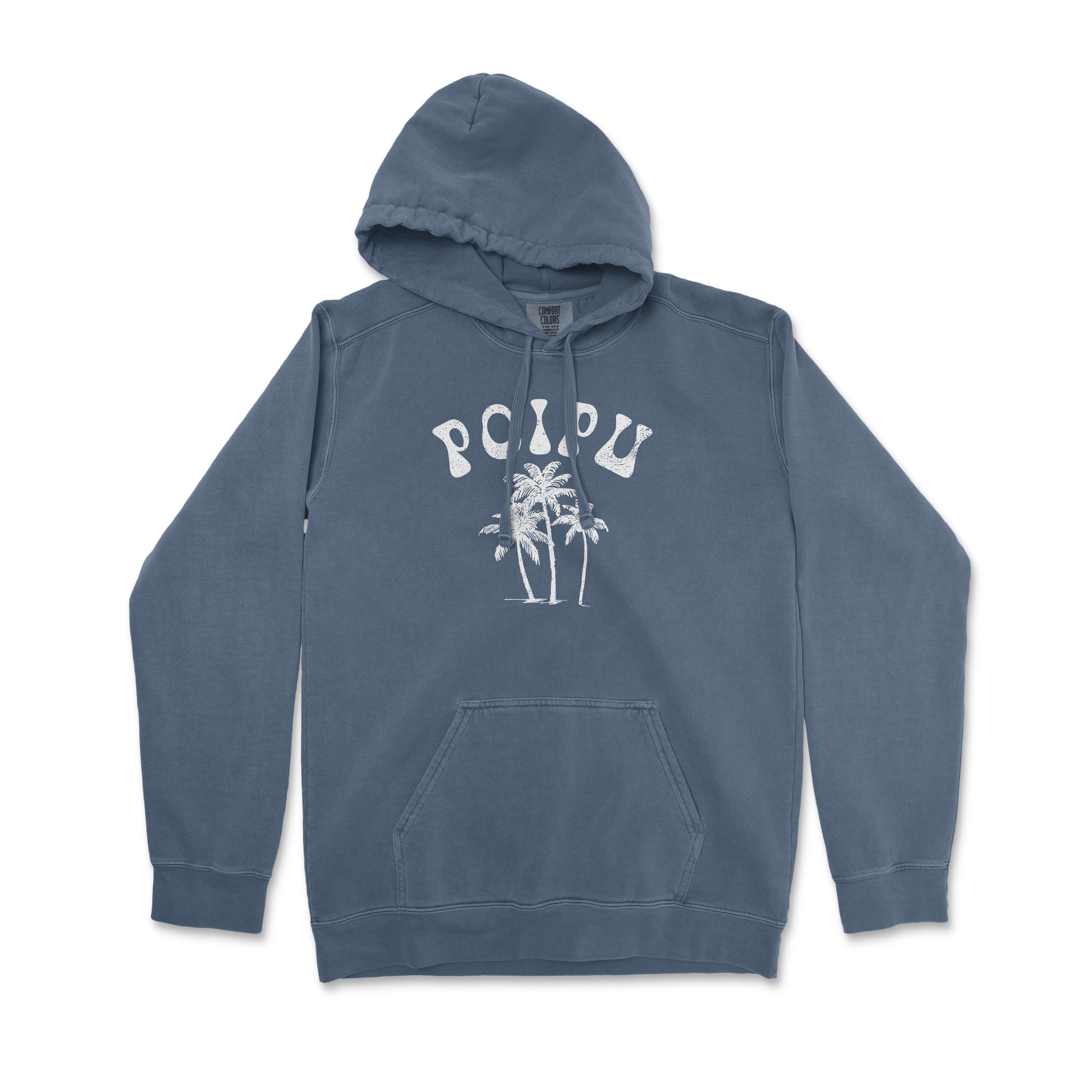 a blue hoodie with a palm tree on it