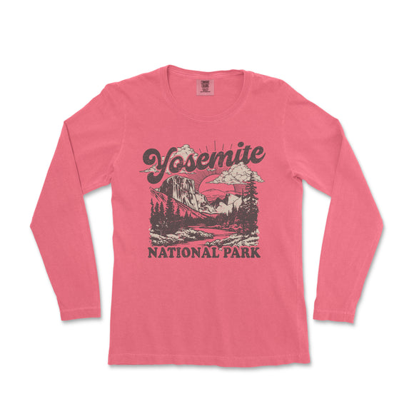 a women's pink long sleeve shirt with yosemite national park on it