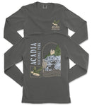 a gray long-sleeved t-shirt with a graphic design depicting a scenic landscape with mountains, trees, and a bird.