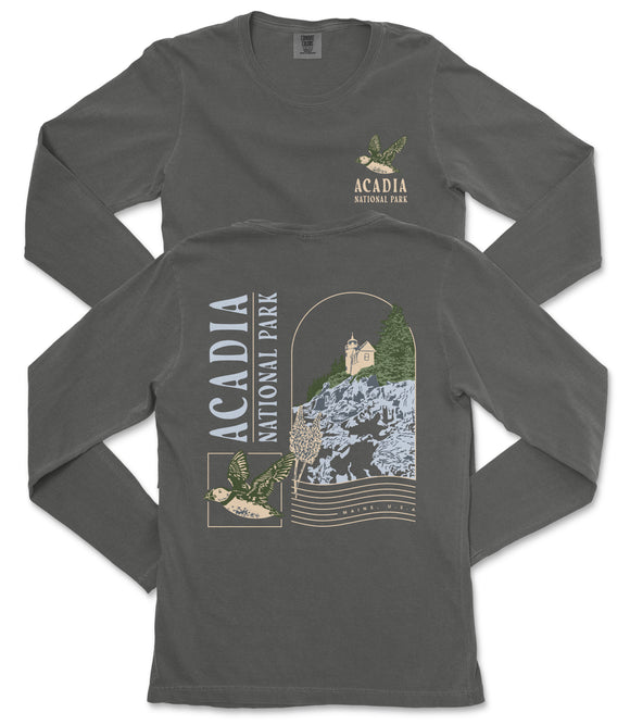 a gray long-sleeved t-shirt with a graphic design depicting a scenic landscape with mountains, trees, and a bird.