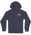 A navy blue hooded sweatshirt with a logo on the front.