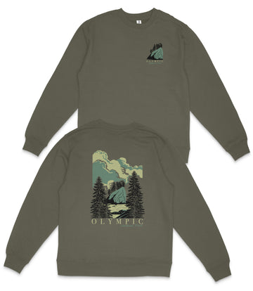 a gray sweatshirt with a graphic design on the back, depicting a mountain landscape with pine trees and clouds.
