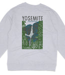 A gray sweatshirt with a graphic design depicting a waterfall and trees, along with the text "YOSEMITE National Park".