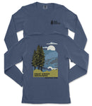 a blue long-sleeved t-shirt with a graphic design depicting a mountain landscape with pine trees, a full moon, and clouds. The text on the t-shirt reads "GREAT SMOKY MOUNTAINS NATIONAL PARK".