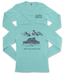 A turquoise long-sleeved t-shirt with a graphic design depicting a cabin and mountains, along with text that reads "Grand Teton National Park".
