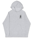 A gray hooded sweatshirt with a graphic design on the left side.