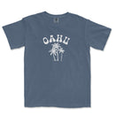 a blue t - shirt with a palm tree and the word ohu on it
