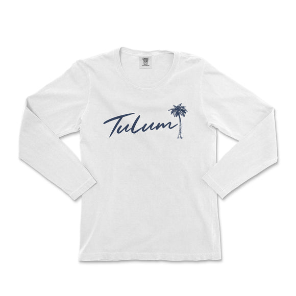 a white long - sleeved shirt with a palm tree on the front