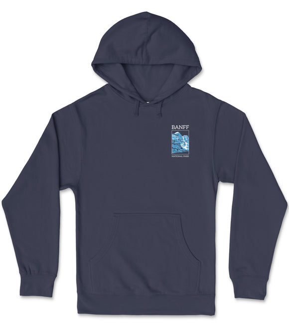 A navy blue hooded sweatshirt with a small graphic on the front pocket.