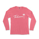 a women's pink long sleeve shirt with the word tuluum in white