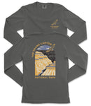 a gray long-sleeved t-shirt with a graphic design depicting the Grand Canyon.