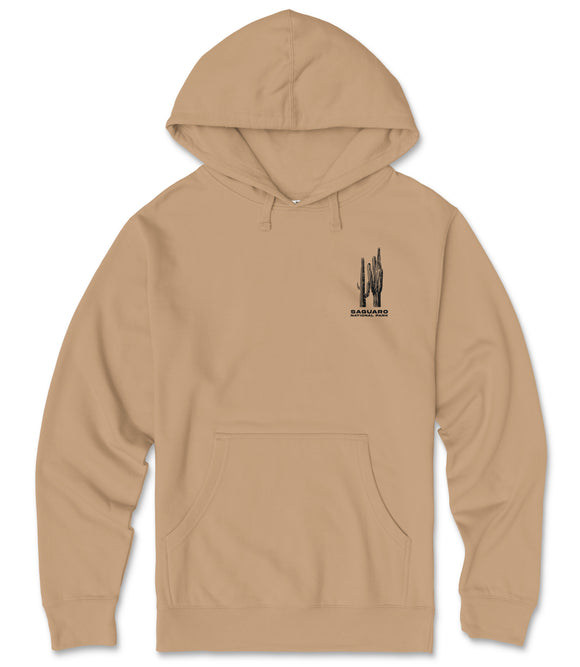 A beige hooded sweatshirt with a graphic design on the front pocket.