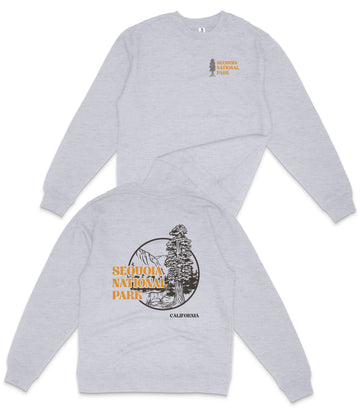 a grey sweatshirt with a graphic design and text on the back.