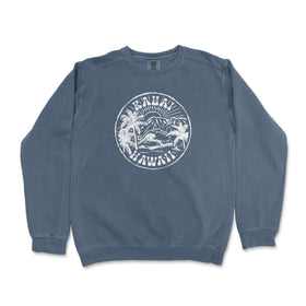 a blue sweatshirt with a white seal on it