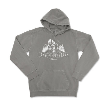 a gray hoodie with the canyon ferry lake on it