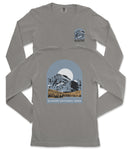 a gray long-sleeved t-shirt with a graphic design depicting a mountain landscape and a full moon.