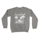 a grey sweatshirt with a picture of a wave and palm trees