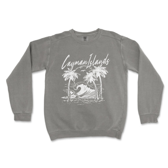 a grey sweatshirt with a picture of a wave and palm trees