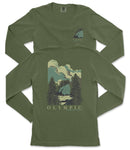 A green long-sleeved t-shirt with a graphic design depicting a mountain landscape and the text "OLYMPIC" printed on it.