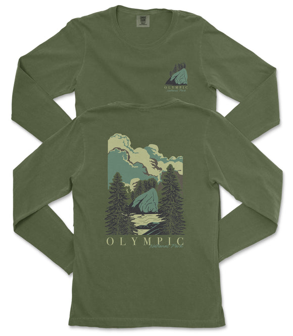 A green long-sleeved t-shirt with a graphic design depicting a mountain landscape and the text "OLYMPIC" printed on it.